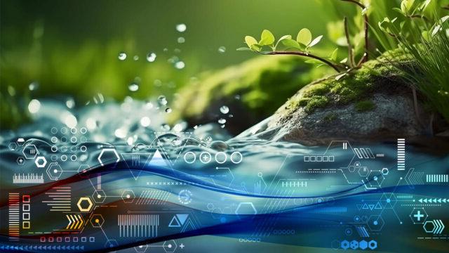 A close up view of a stream with grass and moss growing on rocks and digital imagery overlaid on the splashing water